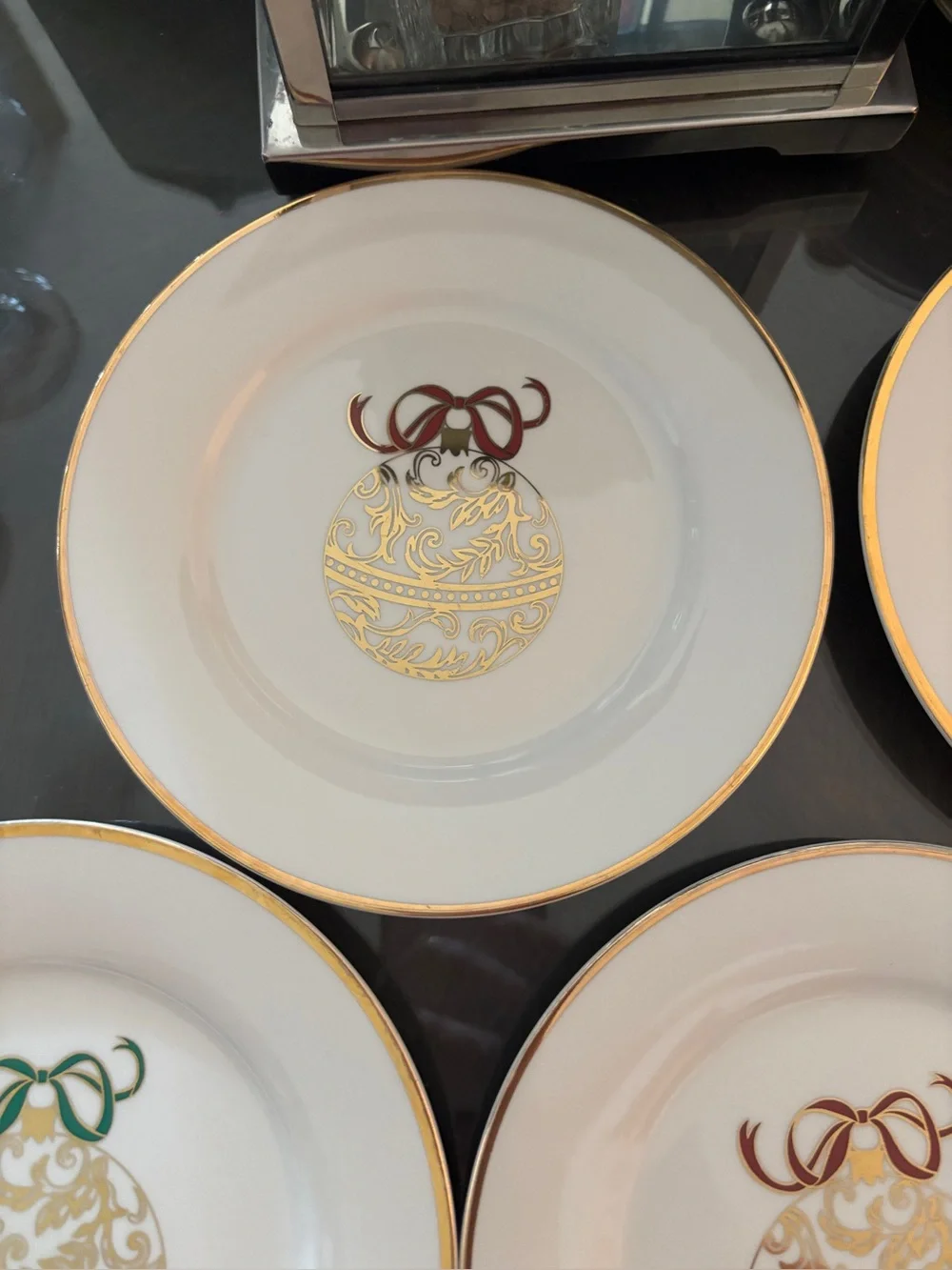 4 Pier 1 White & Gold Holiday Ornament Appetizer/Salad/dessert Plate